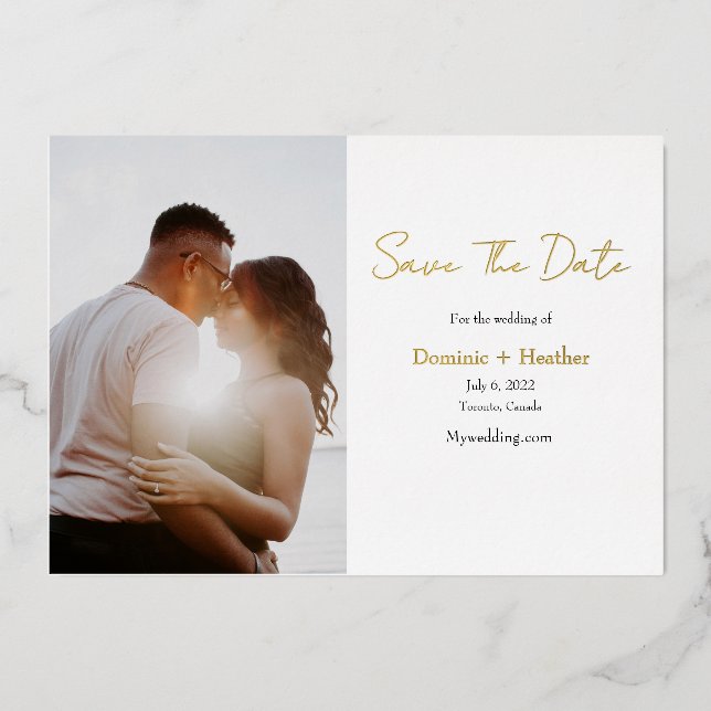 Minimalist and chic photo save the date foil invitation (Front)