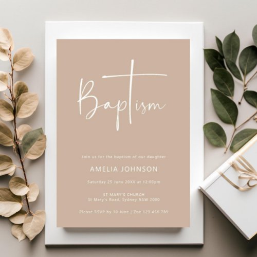 Minimalist and simple photo beige baptism invitation