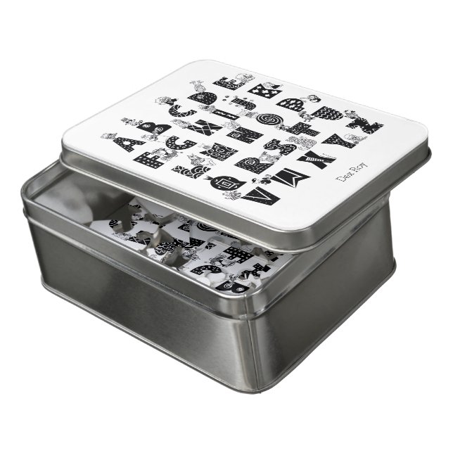 Minimalist Animal Alphabet Black and White Jigsaw Puzzle (Lid Open)