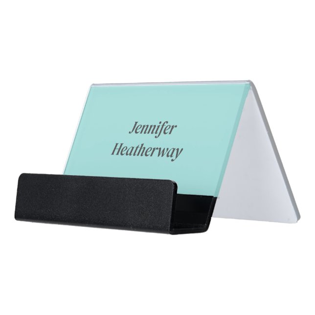 Minimalist aqua blue custom name desk business card holder (Angled Front)