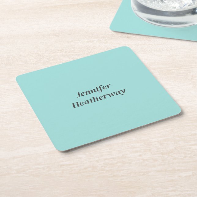 Minimalist aqua blue custom name square paper coaster (Angled)