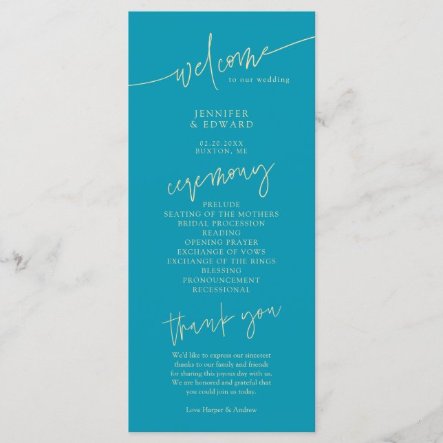 Minimalist Aqua Blue Wedding Ceremony Program (Front)