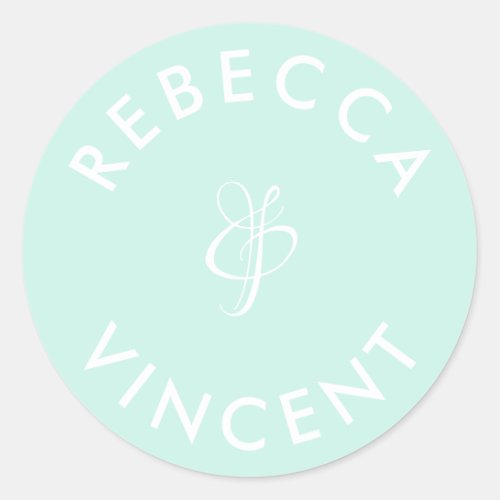 Minimalist Aqua Green Wedding Personalized Names Classic Round Sticker