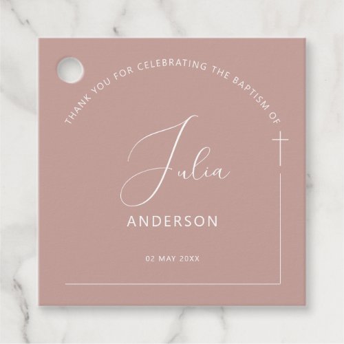 Minimalist arch baptism pink favor tags