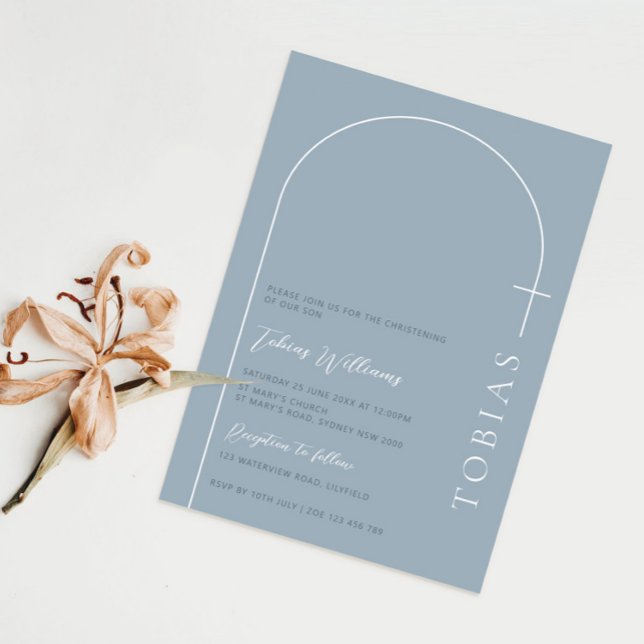 Minimalist arch cross blue christening invitation (Creator Uploaded)