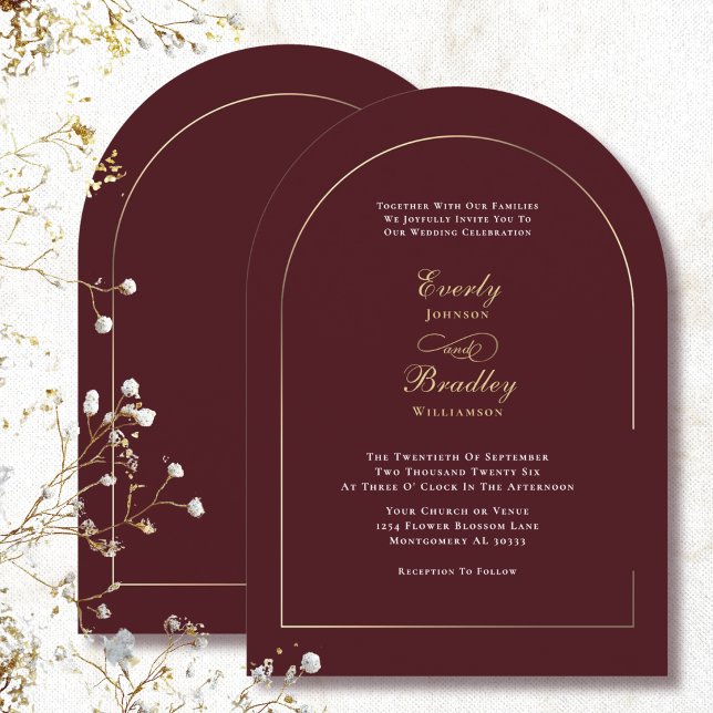 Minimalist Arch Dark Red White Gold Wedding  Invitation (Creator Uploaded)