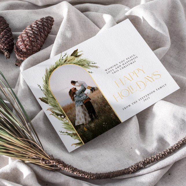 Minimalist Arch Happy Holidays Photo  Foil Holiday Card (Creator Uploaded)