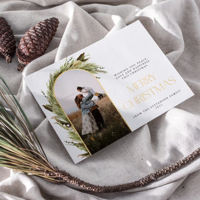 Minimalist Arch Merry Christmas Photo  Foil Holiday Card (Creator Uploaded)