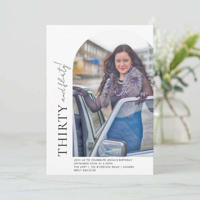 Minimalist Arch Off Center Photo 30th Birthday Invitation (Standing Front)