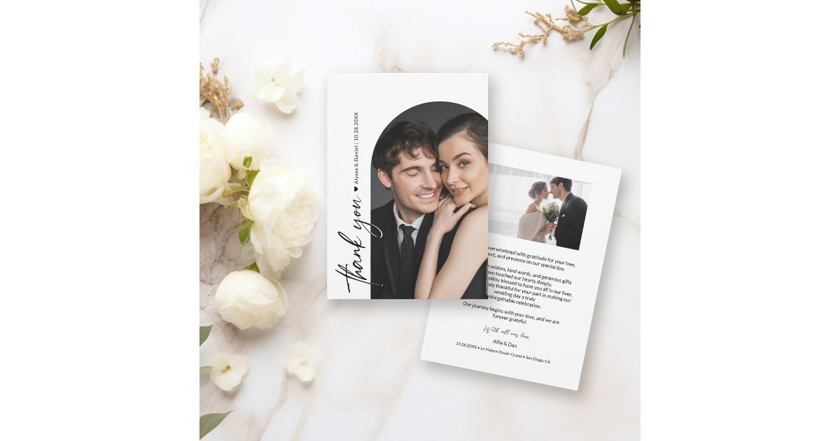 Minimalist Arch Photo Black and White Wedding Thank You Card | Zazzle