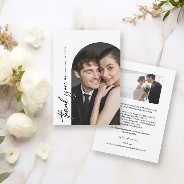 Minimalist Arch Photo Black and White Wedding Thank You Card | Zazzle