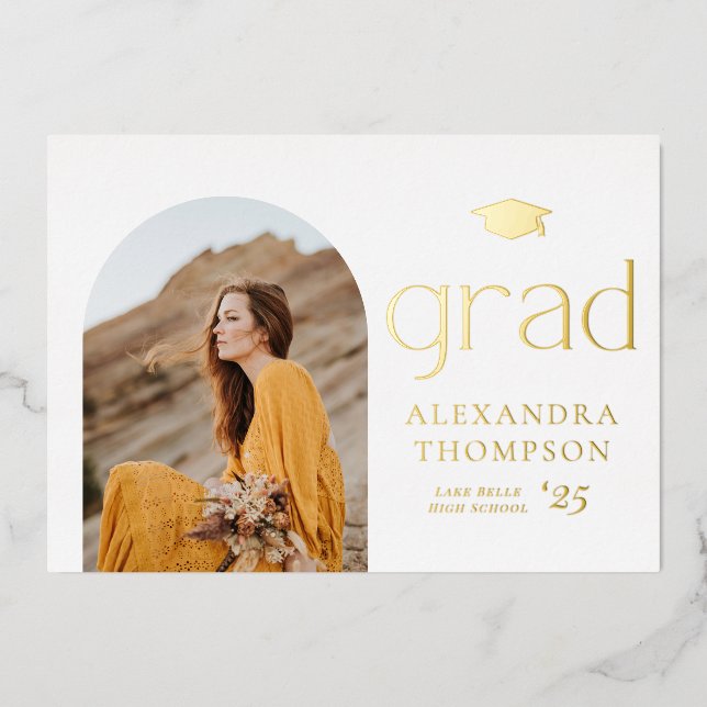 Minimalist Arch Photo Graduation Party Gold Foil Invitation (Front)