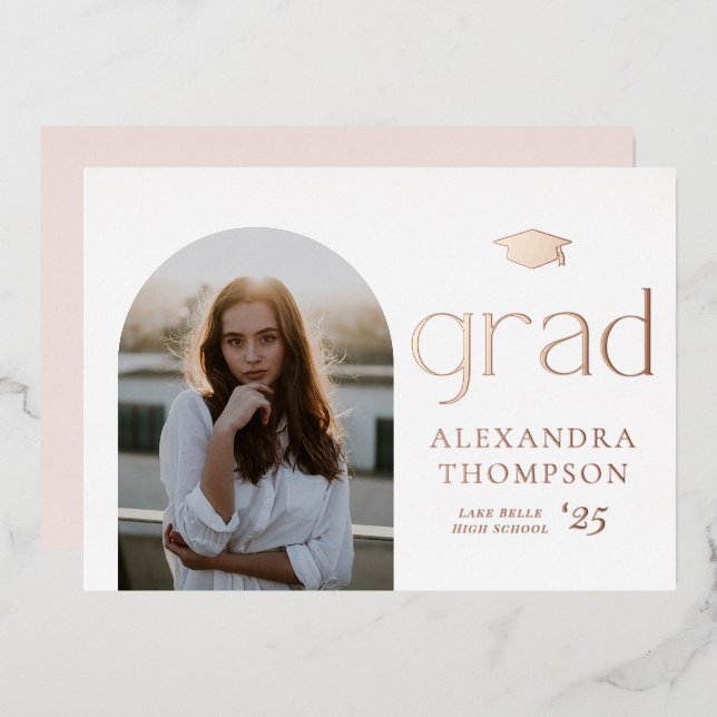 Minimalist Arch Photo Graduation Party Rose Gold Foil Invitation (Front/Back)