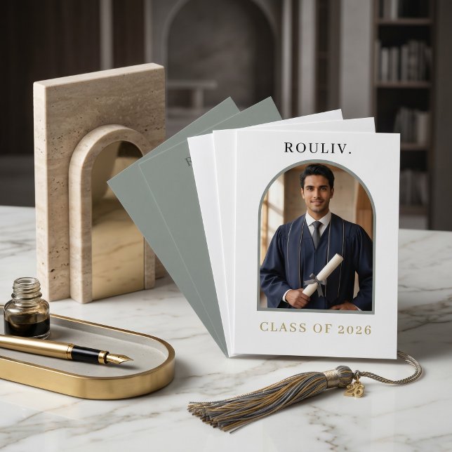 Minimalist Arch Photo Graduation | Stone Grey Invitation (Minimalist Architectural Arch Graduation Invitation | Photo Class of 2026 | ROULIV Stone Grey & Gold)