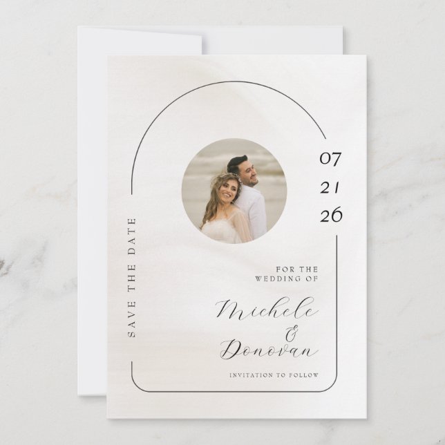 Minimalist Arch & Script Wedding Photo Save The Date (Front)