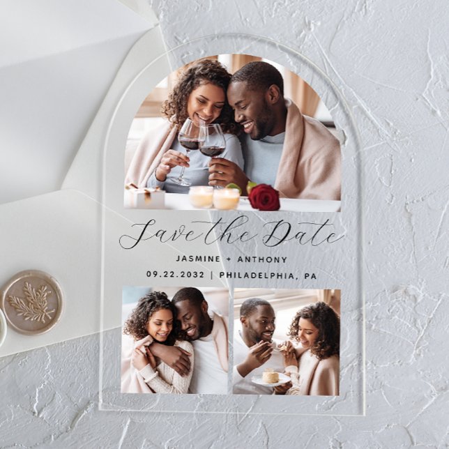 Minimalist Arch Shape Photo Collage Save the Date Acrylic Invitations (Creator Uploaded)