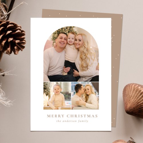 Minimalist Arch Taupe 3 Photo Holiday Card