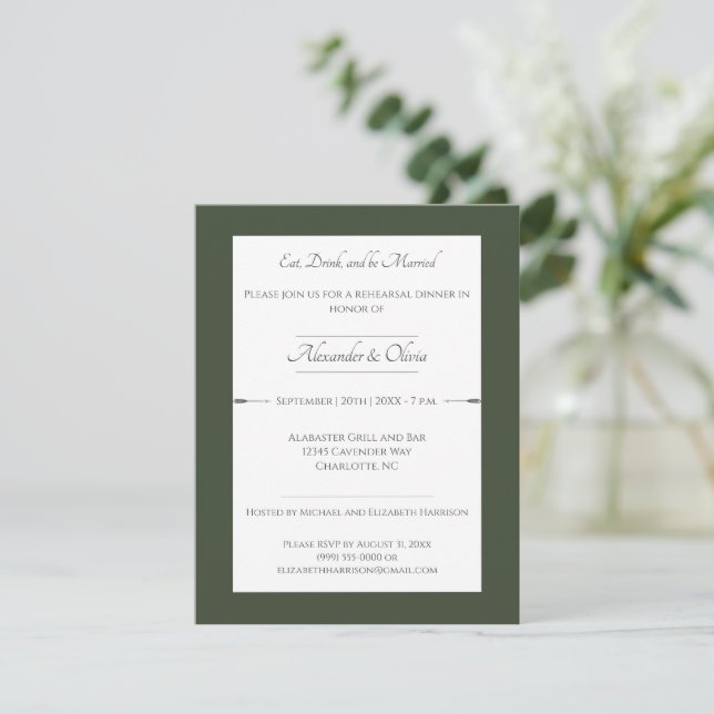 Minimalist Arrows Rehearsal Dinner | Olive Green Invitation (Standing Front)