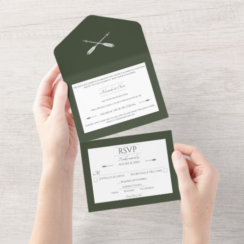 Minimalist Arrows Wedding  Olive Green All In One Invitation