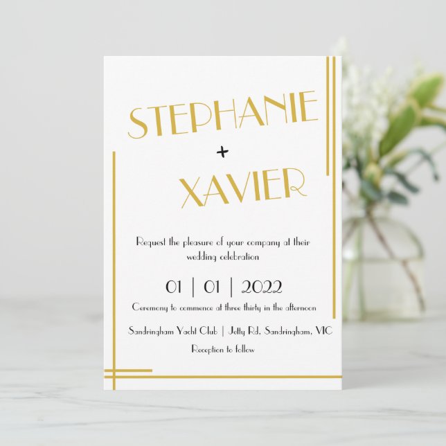Minimalist Art Deco Gold Wedding Invitation (Standing Front)