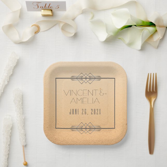 Minimalist Art Deco Peach Custom Wedding Paper Plates (Wedding)