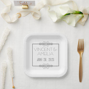 Minimalist Art Deco White Custom Wedding  Paper Plates