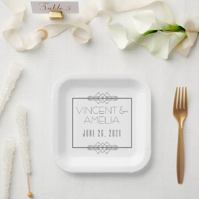 Minimalist Art Deco White Custom Wedding  Paper Plates (Wedding)