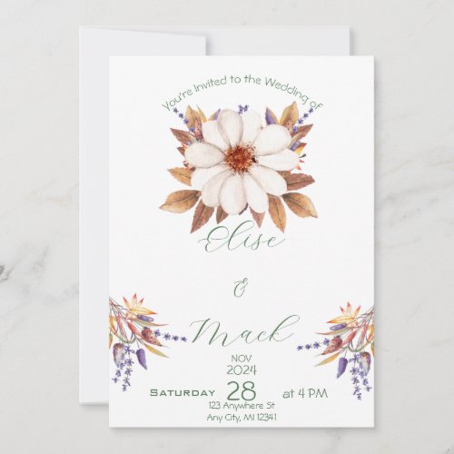 Minimalist Autumn Herbs Bouquet Watercolor Wedding Invitation