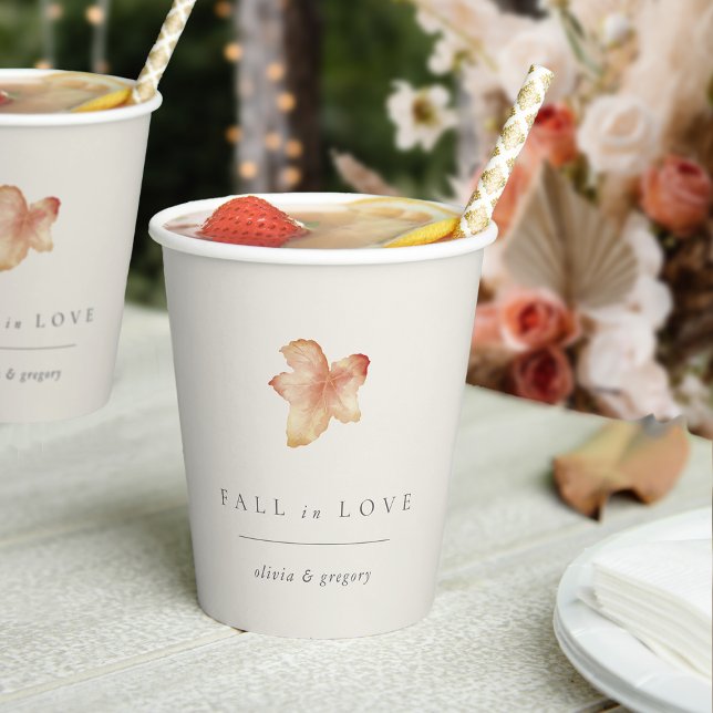 Minimalist Autumn Leaf "Fall in Love" Personalized Paper Cups (Creator Uploaded)