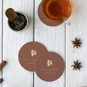 Minimalist Autumn Leaf "Fall in Love" Personalized Round Paper Coaster