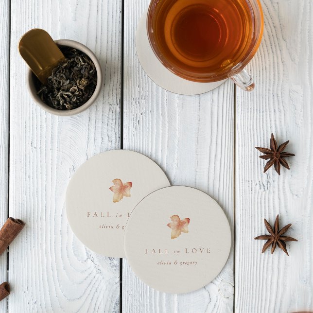Minimalist Autumn Leaf "Fall in Love" Personalized Round Paper Coaster (Creator Uploaded)