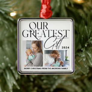 Minimalist Baby Announcement 5 Photo Christmas Metal Ornament