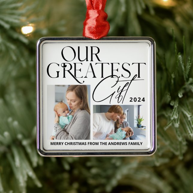 Minimalist Baby Announcement 5 Photo Christmas Metal Ornament (Tree)