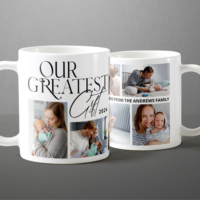 Minimalist Baby Announcement 6 Photo Christmas Coffee Mug (Creator Uploaded)