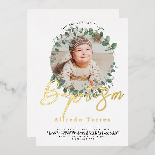 Minimalist Baby Baptism Invitation with Photo Foil Invitation