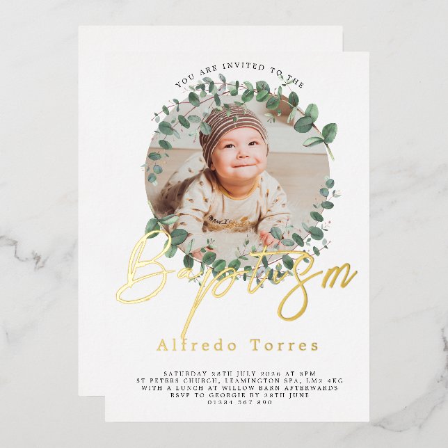 Minimalist Baby Baptism Invitation with Photo Foil Invitation (Front/Back)