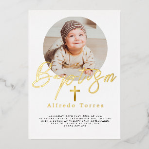 Minimalist Baby Baptism Invitation with Photo Foil Invitation
