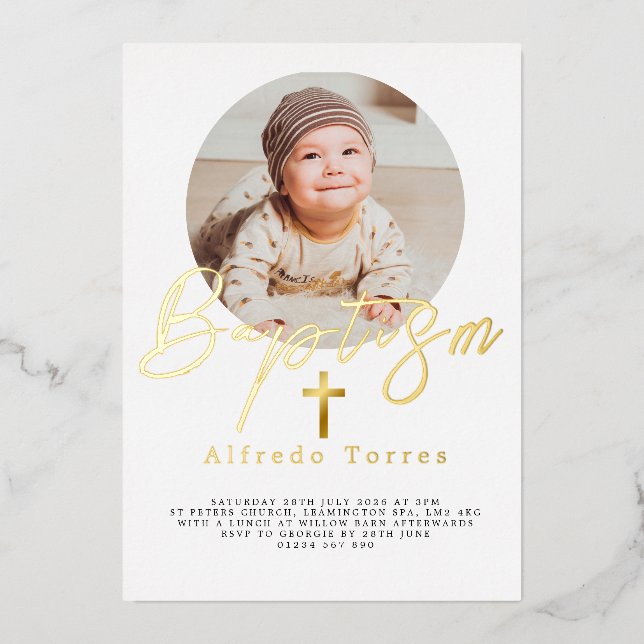 Minimalist Baby Baptism Invitation with Photo Foil Invitation (Front)