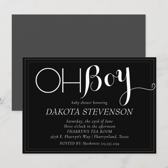 Minimalist Baby | Black and Gray Oh Boy Shower Invitation (Front/Back)