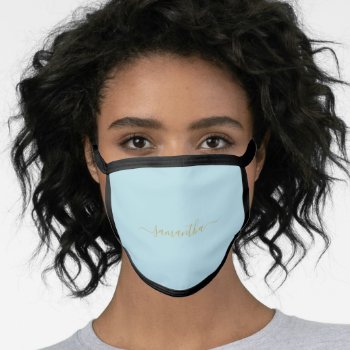 Minimalist Baby Blue Solid Color Personalized Name Face Mask by melanileestyle at Zazzle