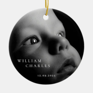 Minimalist Baby Name Christmas Photo Ceramic Ornament