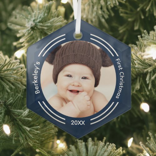 Minimalist Baby Photo Blue First Christmas Glass Ornament