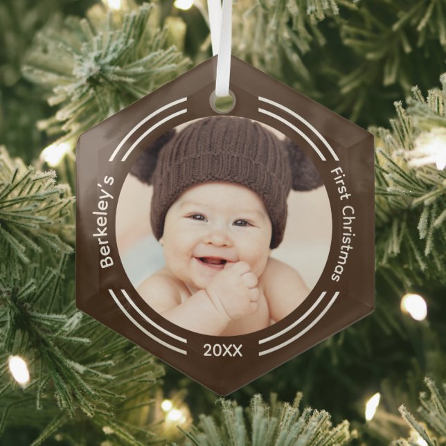 Minimalist Baby Photo Brown First Christmas Glass Ornament (Insitu)