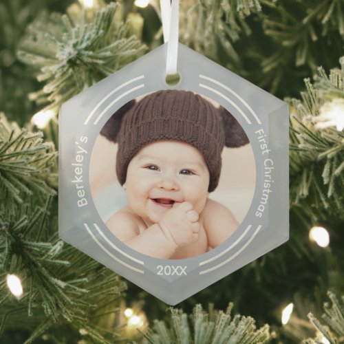Minimalist Baby Photo First Christmas Glass Ornament