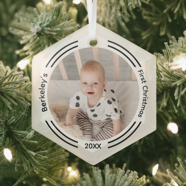 Minimalist Baby Photo First Christmas Glass Ornament (Insitu)