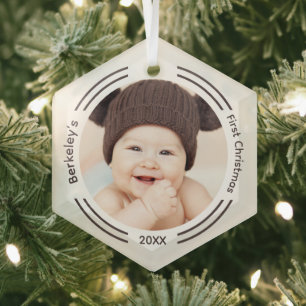Minimalist Baby Photo First Christmas Glass Ornament
