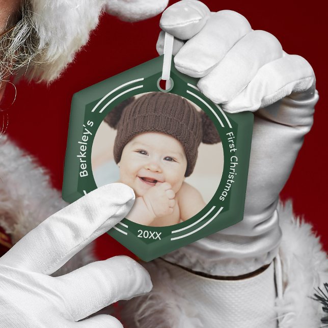 Minimalist Baby Photo Green First Christmas Glass Ornament (Get this photo keepsake ornament for your tree.)