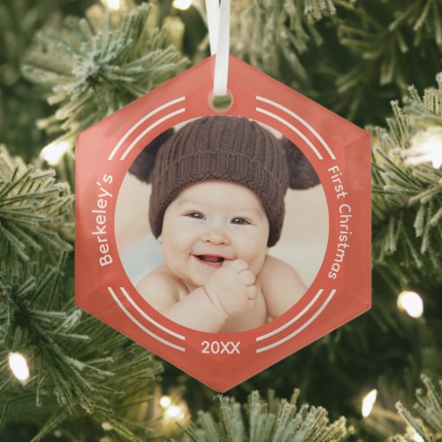 Minimalist Baby Photo Orange First Christmas Glass Ornament