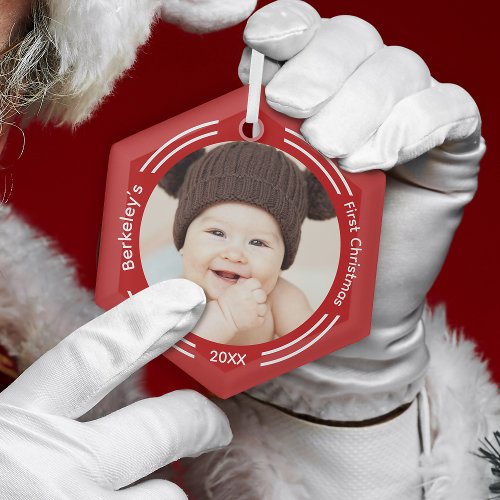 Minimalist Baby Photo Red First Christmas Glass Ornament