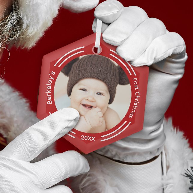 Minimalist Baby Photo Red First Christmas Glass Ornament (Get this keepsake photo ornament for your tree. )